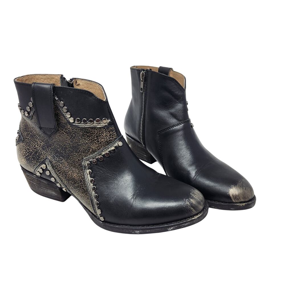 Corral Circle G Black Cowhide Leather Star Inlay Studded Zip Ankle Boots Sze 10